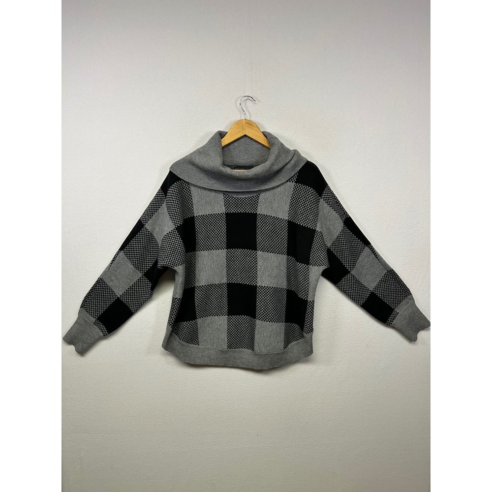 Dark Academia Design History Womens Large Grey Black Plaid‎ Cowl Neck Sweater